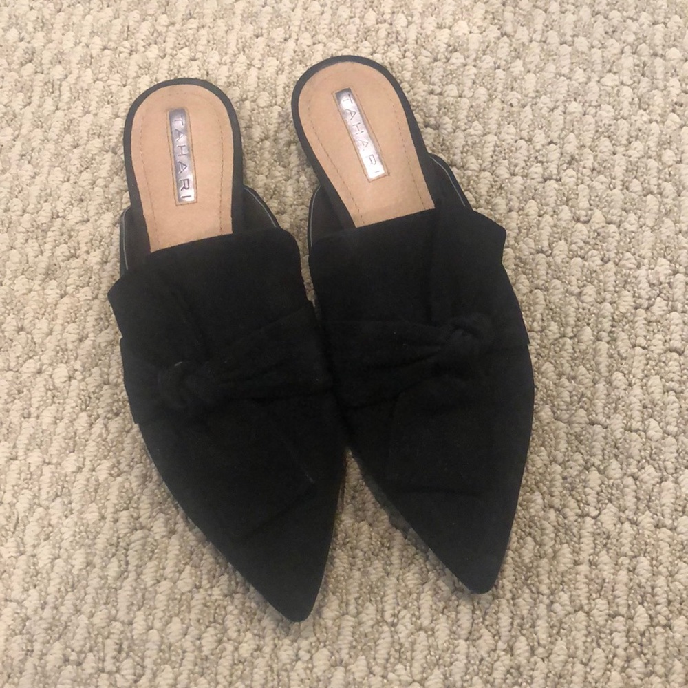 Tahari Pandora black suede bow mules